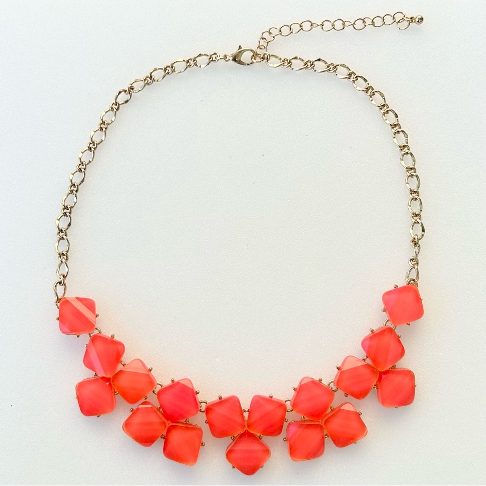 Fantastic ORANGE Square Glass Set on Gold Tone Necklace Bib 18” Adjustable
